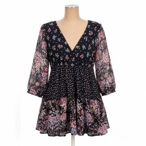Floral Whimsigoth Sheer Babydoll Top Size 4 Purple‎ Cottagecore Fairy Romantic